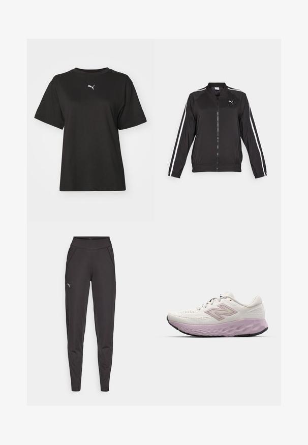 Schwarze Trainingsjacke aus glattem Stoff mit weißen Seitenstreifen, stehendem Kragen und einem Frontreißverschluss, versehen mit einem gestickten Logo auf der Brust.; Schwarzes Baumwoll-T-Shirt mit Rundhalsausschnitt, kurzen Ärmeln und einem weißen Puma-Logo auf der Brust. Glatte Textur, lässige Passform.; Schwarze sportliche Leggings aus dehnbarem Material, mit hohem Bund, Seitentaschen und einem kleinen reflektierenden Logo am linken Oberschenkel.; Leichter Laufschuh aus weißem Mesh mit einer rosa Zwischensohle. Verfügt über eine strukturierte Sohle und ein Seitenlogo, das für Komfort und Unterstützung entwickelt wurde.