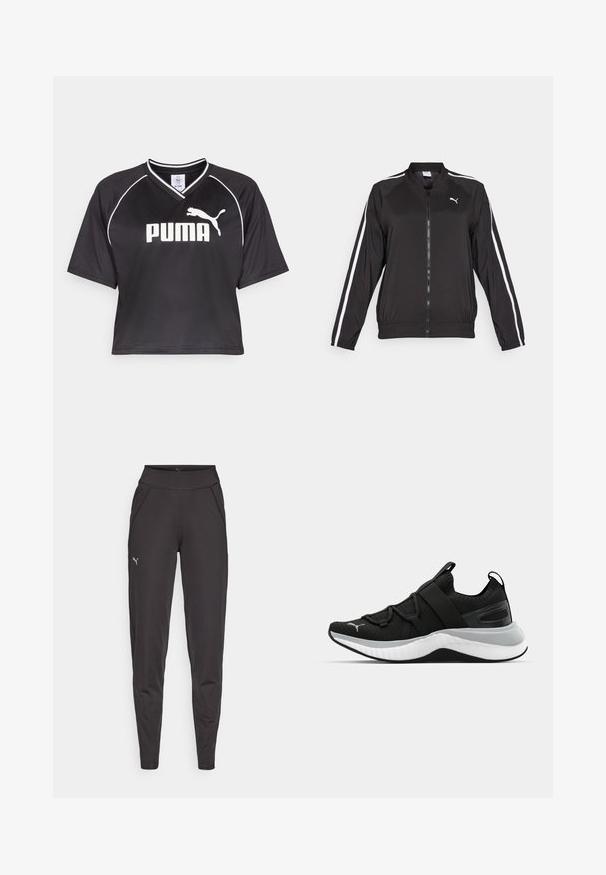 Melna sporta jaka no gludas auduma ar baltām sānu svītrām, stāvošu apkakli un priekšējo rāvējslēdzēju, ar izšūtu logotipu uz krūšu daļas.; Melna īsā sporta kreklu forma, kas izgatavota no elpojoša auduma, ar V veida kakla izgriezumu, īsām piedurknēm un baltu logo ar kontrastējošiem apmaliem.; Melni sporta legingi, izgatavoti no elastīgas auduma, ar augstu jostasvietu, sānu kabatām un mazu atstarojošu logotipu uz kreisā augšstilba.; Melna sporta kurpe ar teksturētu augšējo daļu, elastīgām siksnām un biezu baltu vidusdaļu. Ievietots pelēks akcenta elements gar zoli.