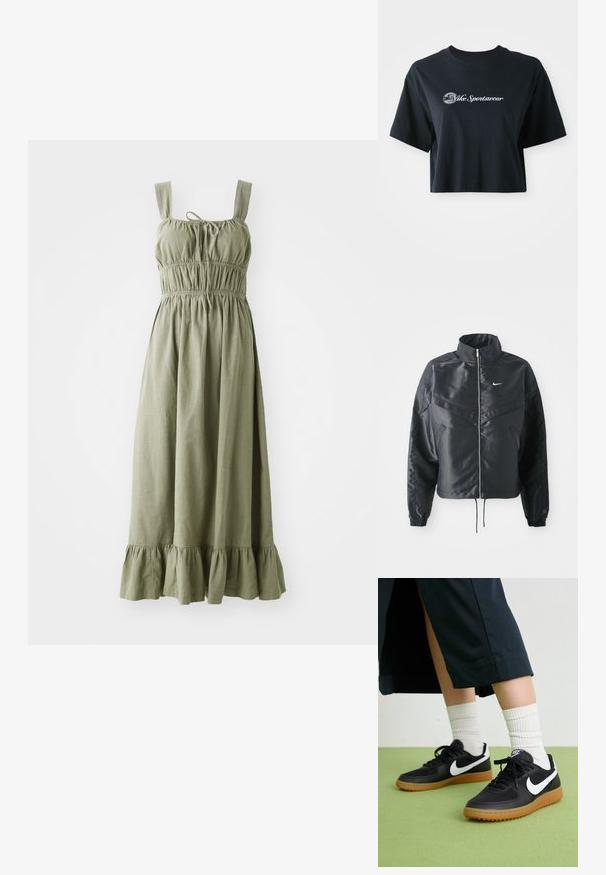 Juoda trumpa striukė su aukštu coloru, užtrauktuku, elastaniniu rankogaliu ir balta Nike logotipu. Lygus, blizgus audinys su šiek tiek tekstūruotu paviršiumi.; Tamsiai žalia maksi suknelė, pagaminta iš lengvos medžiagos, turinti reguliuojamus dirželius, elastinę juosmenį ir surinkta raukinėlių apatinę dalį.; Trumpa juoda medvilnė t-shirt su trumpomis rankovėmis, su balta etikete "Vice Sportswear" ir apskritu grafiku priekyje.; Juodos odinės ir sintetinių medžiagų sportbačiai su balta Nike swoosh, guminis padas, apvalus pirštas ir juodi raišteliai. Matomos banguotos baltos kojinės.