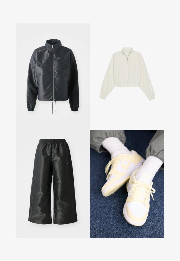 Giacca nera cropped con colletto alto, chiusura a zip, polsini in elastan e logo Nike bianco. Tessuto liscio e lucido con una superficie leggermente texturizzata.; Pullover accorciato in tessuto crema, con colletto alto, chiusura a zip parziale, orlo e polsini elasticizzati, dalla texture liscia e design minimal.; Pantaloni sportivi neri con un tessuto lucido e morbido, dotati di una vita elasticizzata, gambe larghe e un piccolo logo sul lato sinistro.; Nike Sportswear DUNK NEXT NATURE - Sneakers basse - white/alabaster