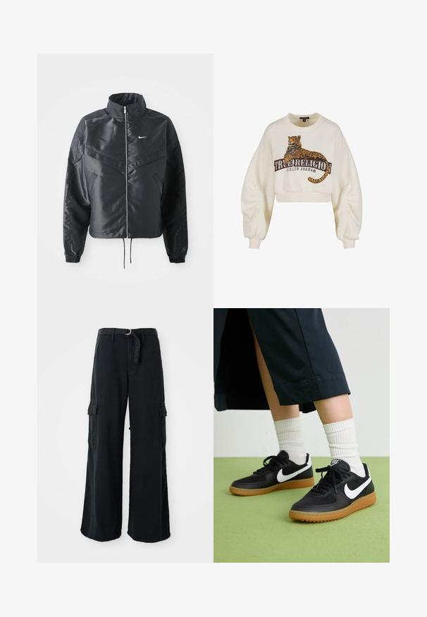 Sort cropped jakke med høj krave, lynlås lukning, elastiske manchetter og et hvidt Nike-logo. Glat, blankt stof med en let struktureret overflade.; Hvid, cropped sweatshirt med puffede ærmer, prydet med leopardprint og "True Religion Brand Jeans" trykt på forsiden.; Sorte bredbenede cargo-bukser lavet af bomuld med et bånd, der kan bindes, og som har to sidelommer samt en glat stofstruktur.; Sorte læder- og syntetiske sneakers med hvid Nike swoosh, gummisål, rund tå og sorte snørebånd. Ribbede hvide sokker synlige.
