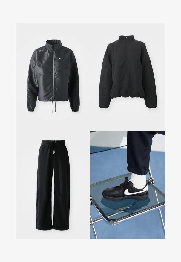 Schwarze, verkürzte Jacke mit hohem Kragen, Reißverschluss, Elastan-Ärmeln und einem weißen Nike-Logo. Glattes, glänzendes Material mit leicht strukturiertem Oberflächeneffekt.; Nike Sportswear COZY LOGO - Sweatshirt - black; Schwarze Jogginghose aus weichem Stoff, mit Kordelzugbund und lockerer Passform. Ohne Muster. Schlichtes Design mit Bündchen und Seitentaschen.; Schwarze Nike-Sneaker mit weißen Akzenten, die über eine glatte Ledertextur, ein Schnürdesign und eine abgerundete Zehenform verfügen, platziert auf einem Glasstuhl.