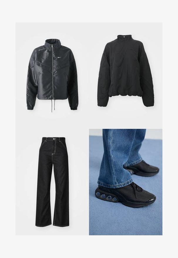 Svart kort jacka med hög krage, dragkedja, ärmslut i elastan och en vit Nike-logotyp. Slät, glänsande tyg med en något strukturerad yta.; Nike Sportswear COZY LOGO - Sweatshirt - black; Svarta denimbyxor med vida ben, kontrasterande vit söm, hög midja, femfickorsdesign och knäppning.; Svarta atletiska sneakers med nätöverdel, strukturerade detaljer och synliga luftkuddar i sulan. Bärs med blå denimjeans.