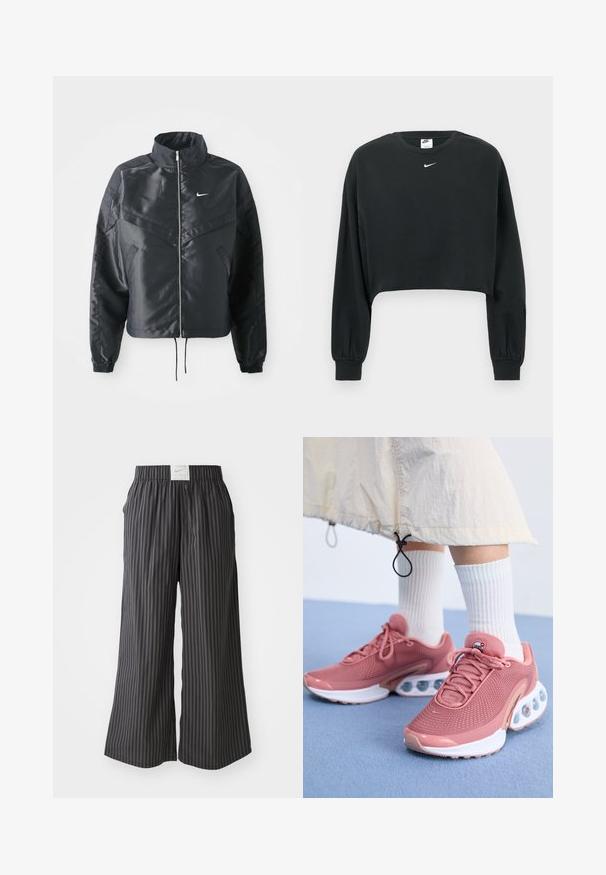 Juoda trumpa striukė su aukštu coloru, užtrauktuku, elastaniniu rankogaliu ir balta Nike logotipu. Lygus, blizgus audinys su šiek tiek tekstūruotu paviršiumi.; Juodas trumpintas džemperis iš medvilnės mišinio, su ilgomis rankovėmis, ribotais rankogaliais ir mažu baltu „Nike“ logotipu ant krūtinės.; Juodai ir pilkai dryžuotos plačios kelnės su elastine juosta ir Nike logotipo etikete gale. Lengvas audinys, laisvas dizainas.; Rožiniai sportiniai bateliai su tekstūriniu tinkleliu, paminkštintu padu ir skaidriais oro burbulų akcentais. Derinami su baltais ribiniais kojinėmis.