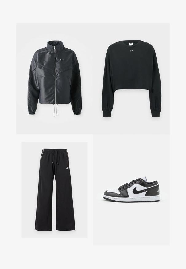 Fekete, rövidített dzseki magas gallérral, cipzáras záródással, elasztikus mandzsettákkal, és fehér Nike logóval. Simább, fényes anyag, enyhén textúrázott felülettel.; Fekete, rövidített fazonú pulóver pamut keverék anyagból, hosszú ujjakkal, bordázott mandzsettákkal és egy kicsi fehér Nike logóval a mellkason.; Fekete, puha anyagból készült melegítőnadrág, elasztikus derékkal és húzózsinórral, oldalsó csíkokkal és egy kis logóval az elülső bal oldalon.; Fekete-fehér Nike alacsony szárú sportcipők sima bőrből készültek, kerek orrúak, fűzős záródásúak, és mintás gumitalppal rendelkeznek.