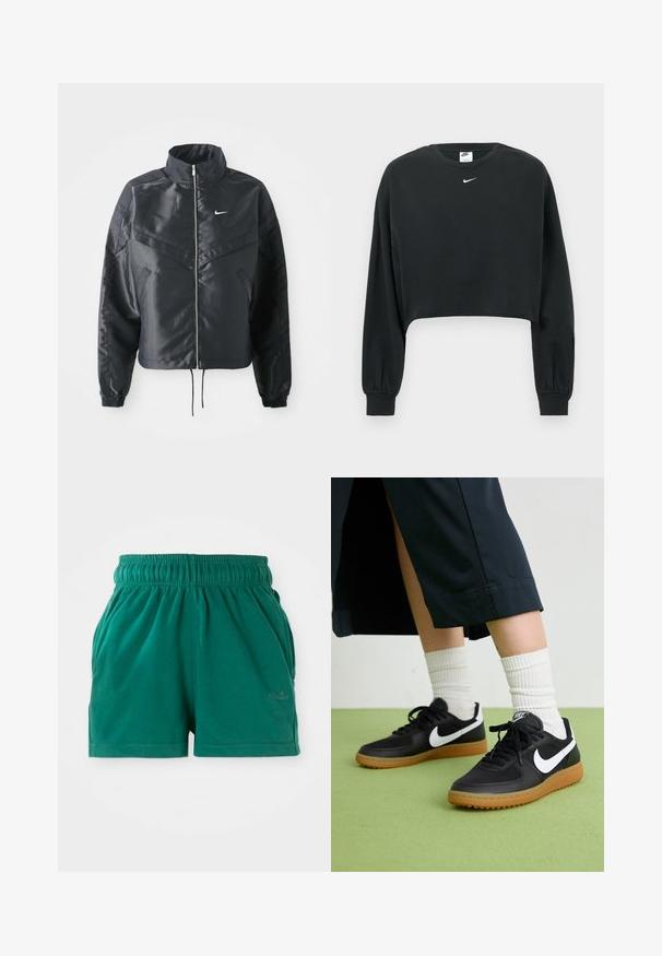 Svart cropped jakke med høy krage, glidelåsåpning, elastiske mansjetter og en hvit Nike-logo. Glatt, shiny stoff med en lett teksturert overflate.; Svart kort genser laget av bomullsblanding, med lange ermer, ribbestrikkede mansjetter og en liten hvit Nike-logo på brystet.; Grønne elastiske shorts med liv og sidelommer, samt et diskret logo på høyre ben.; Sorte lær- og syntetiske joggesko med hvit Nike swoosh, gummisåle, rund tå og sorte lisser. Ribbet hvite sokker synlige.
