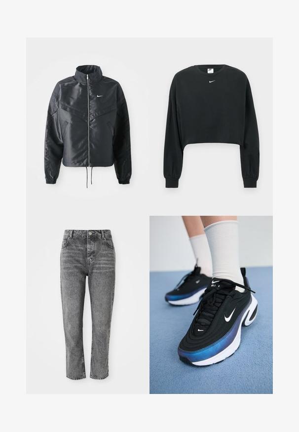 Jachetă croppată neagră cu guler înalt, închidere cu fermoar, manșete din elastan și un logo alb Nike. Material neted, lucios, cu o suprafață ușor texturată.; Hanorac negru cropped din amestec de bumbac, cu mâneci lungi, manșete rib și un mic logo alb Nike pe piept.; Jeans din denim gri cu talie înaltă, tăietură dreaptă, prevăzuți cu buzunare frontale și un detaliu mic din metal în zona taliei.; Adidași negri Nike cu un material superior neted, având un design în gradient de la albastru la negru, talpă albă și accente logo proeminente.