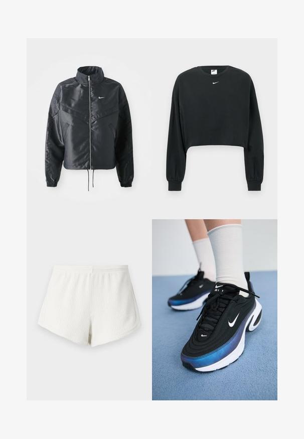 Melna apgriezta jaka ar augstu apkakli, rāvējslēdzēja aizdari, elastīna aprocēm un baltu Nike logo. Gluda, spīdīga auduma ar nedaudz teksturētu virsmu.; Melns īss džemperis no kokvilnas maisījuma, ar garām piedurknēm, ribveida aprocēm un mazu baltu Nike logo uz krūtīm.; Baltas ribots audums šorti ar elastīgu jostasvietu, raksturojot brīvu piegriezumu un izliekta apakšmalu. Redzams aizmugures šuves elements.; Melnie Nike sporta apavi ar gludu auduma virsmu, argradienta zilu uz melnu dizainu, balta zole un izteiksmīgi logotipa akcenti.