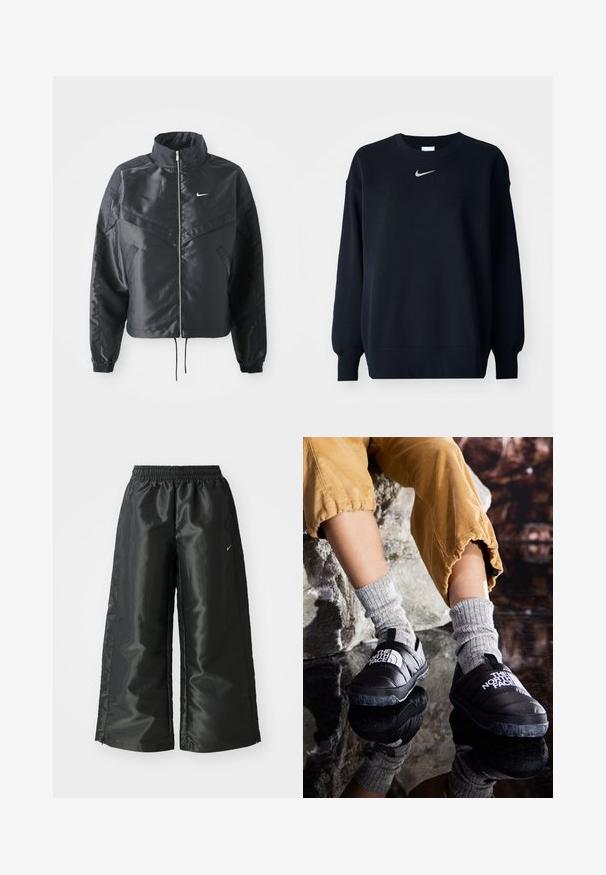 Black cropped jacket with high collar, zip closure, elastane cuffs, and a white Nike logo. Smooth, shiny fabric with a slightly textured surface.; Black sweatshirt made of cotton blend; ribbed crew neck, long sleeves, and elastic cuffs; features a small silver Nike logo on the chest.; Black athletic pants with a shiny, smooth fabric, featuring an elastic waistband, wide legs, and a small logo on the left side.; Black insulated slip-on shoes with textured soles and white logo, worn with gray knit socks, paired with ribbed mustard-colored pants.