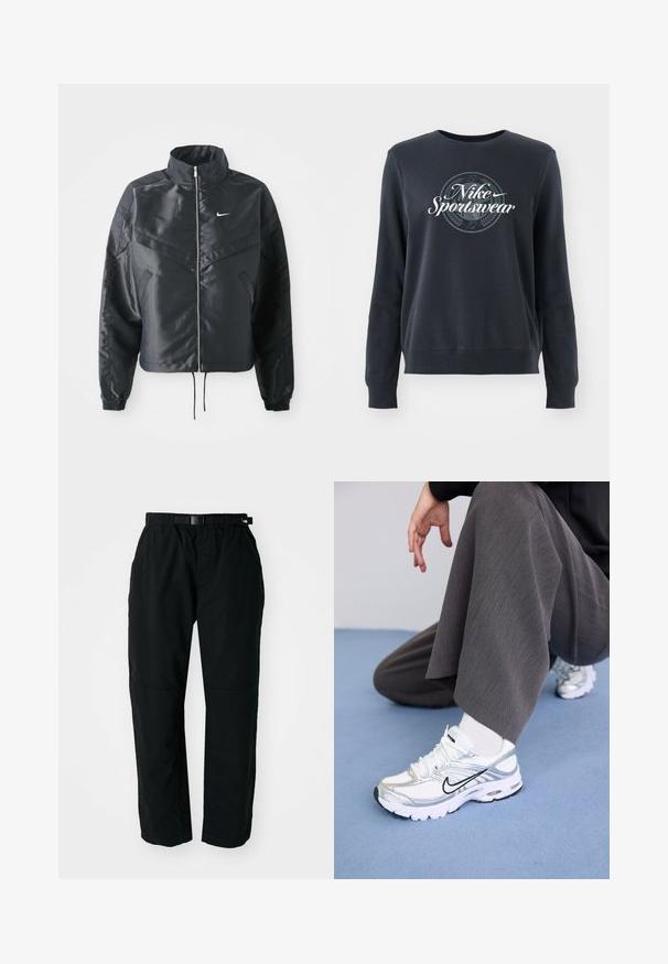 Schwarze, verkürzte Jacke mit hohem Kragen, Reißverschluss, Elastan-Ärmeln und einem weißen Nike-Logo. Glattes, glänzendes Material mit leicht strukturiertem Oberflächeneffekt.; Dunkelblaues Sweatshirt aus weichem Stoff, mit Rundhalsausschnitt, langen Ärmeln und einem grafischen "Nike Sportswear"-Logo auf der Vorderseite.; Schwarze, leichte Hose mit einem elastischen Bund und verstellbarem Gürtel. Verfügt über schmal zulaufende Beine und verstärkte Kniepartien für Langlebigkeit.; Weiße und silberne Sportschuhe aus Mesh- und Synthetikmaterialien, mit schwarzen Akzentlinien, Schnürsenkeln und strukturierten Sohlen.