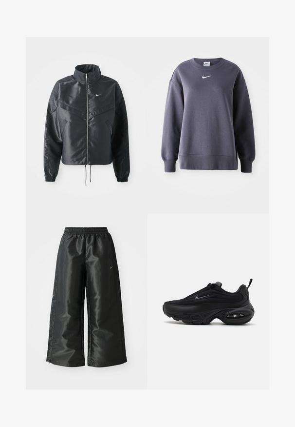Casaco preto curto com colarinho alto, fecho de zip, punhos em elastano e um logótipo Nike branco. Tecido suave e brilhante com uma superfície ligeiramente texturizada.; Sweatshirt cinza escuro com mangas longas, gola redonda, bainha canelada e logotipo branco da Nike no peito, feito de um suave material de mistura de algodão.; Calças atléticas pretas com um tecido brilhante e suave, apresentando uma cintura elástica, pernas largas e um pequeno logotipo do lado esquerdo.; Sapatilha atlética preta com um upper liso e texturizado. Apresenta um bico redondo, colarinho almofadado e amortecimento de ar visível na sola.