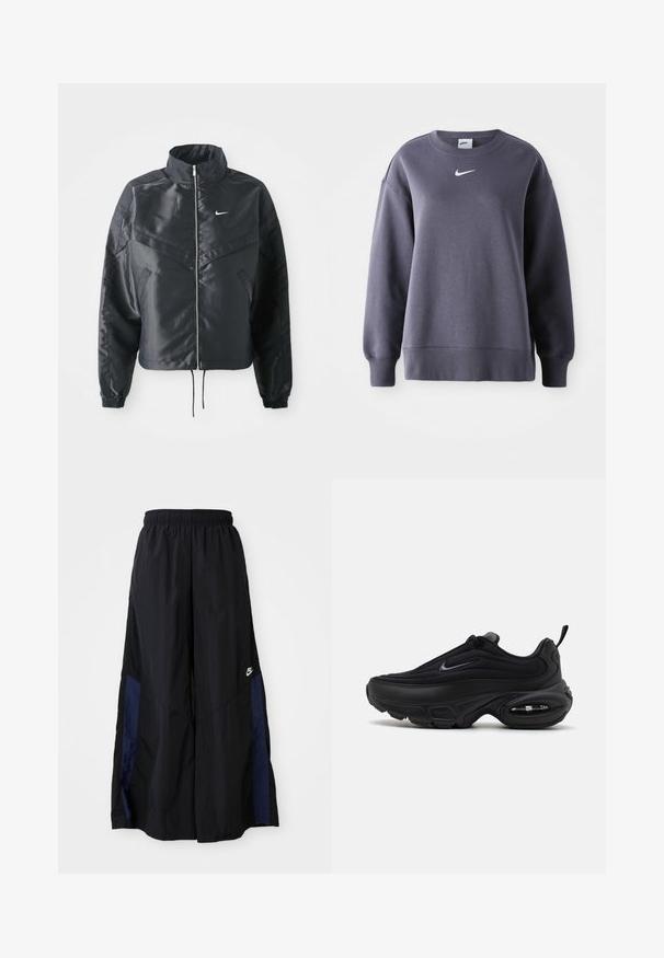 Casaco preto curto com colarinho alto, fecho de zip, punhos em elastano e um logótipo Nike branco. Tecido suave e brilhante com uma superfície ligeiramente texturizada.; Sweatshirt cinza escuro com mangas longas, gola redonda, bainha canelada e logotipo branco da Nike no peito, feito de um suave material de mistura de algodão.; Calças largas pretas feitas de tecido leve, com um painel lateral azul-marinho e cintura elástica. Pequeno logótipo branco na parte inferior.; Sapatilha atlética preta com um upper liso e texturizado. Apresenta um bico redondo, colarinho almofadado e amortecimento de ar visível na sola.
