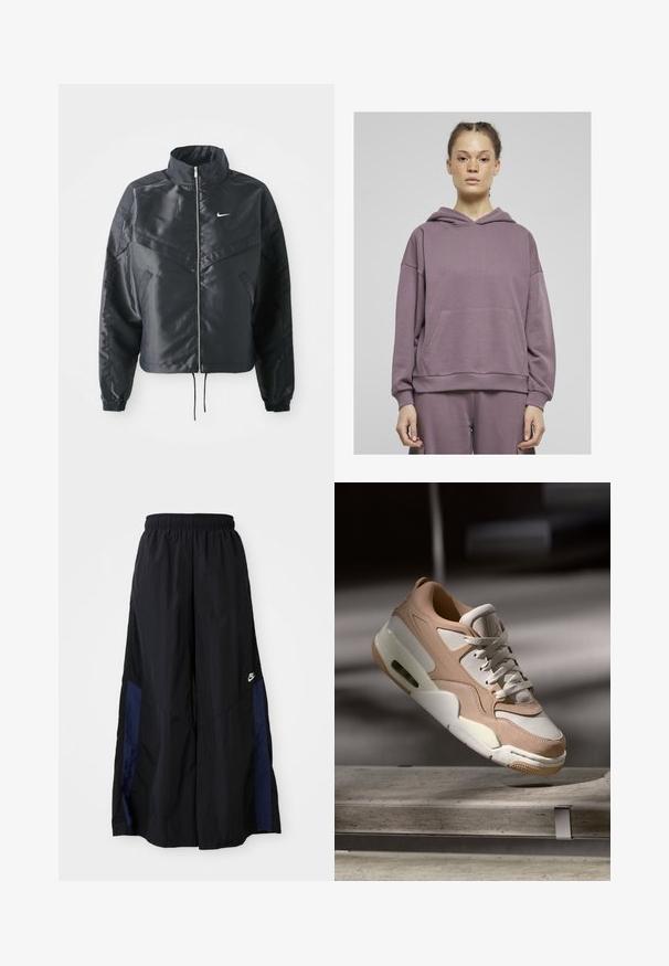 Čierna skrátená bunda s vysokým golierom, zipsovým uzatváraním, elastickými manžetami a bielym logom Nike. Hladká, lesklá tkanina s mierne textúrovaným povrchom.; Prepadnutá dlhá mikina s kapucňou v svetlo fialovej farbe, vyrobená z bavlneného zloženia, s prednou vreckou, rebrovanými manžetami a spodným okrajom. Hladká textúra a pohodlný strih.; Čierne voľné nohavice vyrobené z ľahkého materiálu, s námorníckym modrým postranným panelom a elastickým pásom. Malé biele logo na spodnej časti.; Béžové a biele tenisky s hladkým koženým a semiprefinovaným povrchom, s polstrovaným jazykom, šnurovaním a viditeľnou vzduchovou odpružovacou jednotkou.
