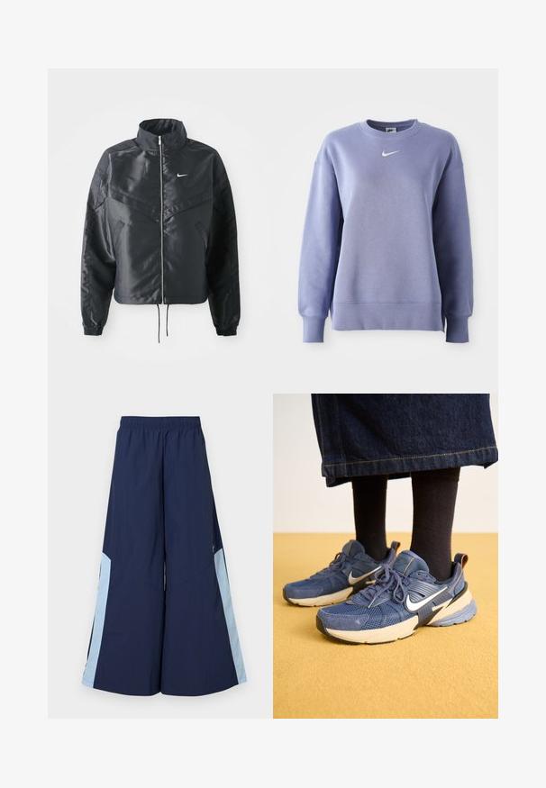 Svart cropped jakke med høy krage, glidelåsåpning, elastiske mansjetter og en hvit Nike-logo. Glatt, shiny stoff med en lett teksturert overflate.; Lys lilla, crew-neck sweatshirt laget av mykt stoff; har ribbede mansjetter og kant med en liten hvit Nike-logo på brystet.; Maritime vide bukser med elastisk talje, med lyseblå sidelapper og en glat tekstur. Designet for komfort og let bevægelse.; Marineblå trening-sko med mesh og semsket overdel, hvit logo og lagdelt såle. Brukt med mørke sokker og denimskjørt.