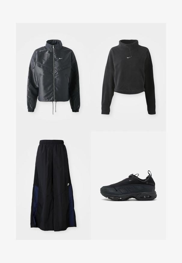 Svart cropped jakke med høy krage, glidelåsåpning, elastiske mansjetter og en hvit Nike-logo. Glatt, shiny stoff med en lett teksturert overflate.; Svart cropped fleece genser med lange ermer, høy krage, snøring og liten hvit Nike swoosh-logo på brystet.; Svarte vide bukser laget av lett stoff, med et marineblått sidestykke og elastisk midjebånd. Liten hvit logo nederst.; Svarte sneakers med en teksturert mesh-overdel, gummisål og synlig luftdemping. Har stropper og perforerte detaljer for pusteevne.