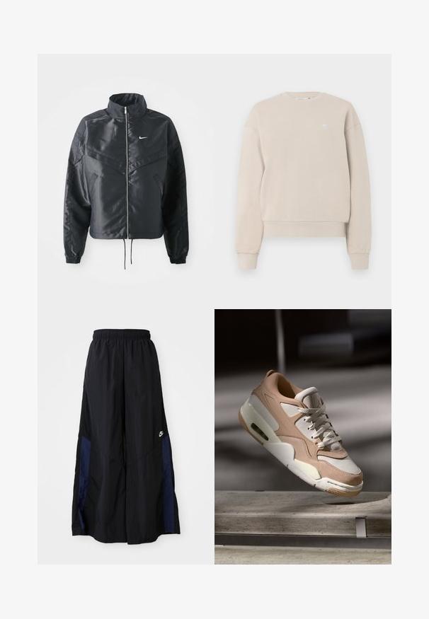 Črna skrajšana jakna z visokim ovratnikom, zadrgo, elastan rokavi in belim logotipom Nike. Gladek, sijoč material z rahlo teksturirano površino.; Bež dukserica s okruglim izrezom izrađena od mješavine pamuka, s rebrastim izrezom i manžetama, i malim logotipom na prsima.; Črne široke hlače iz lahkega materiala, z morsko modrim stranskim panelom in elastičnim pasom. Majhna bela oznaka na dnu.; Bež in bela športna obutev z gladkim usnjem in semišem, ki ima oblazinjen jezik, sprednje vezanje ter vidno enoto zračnega blazinjenja.