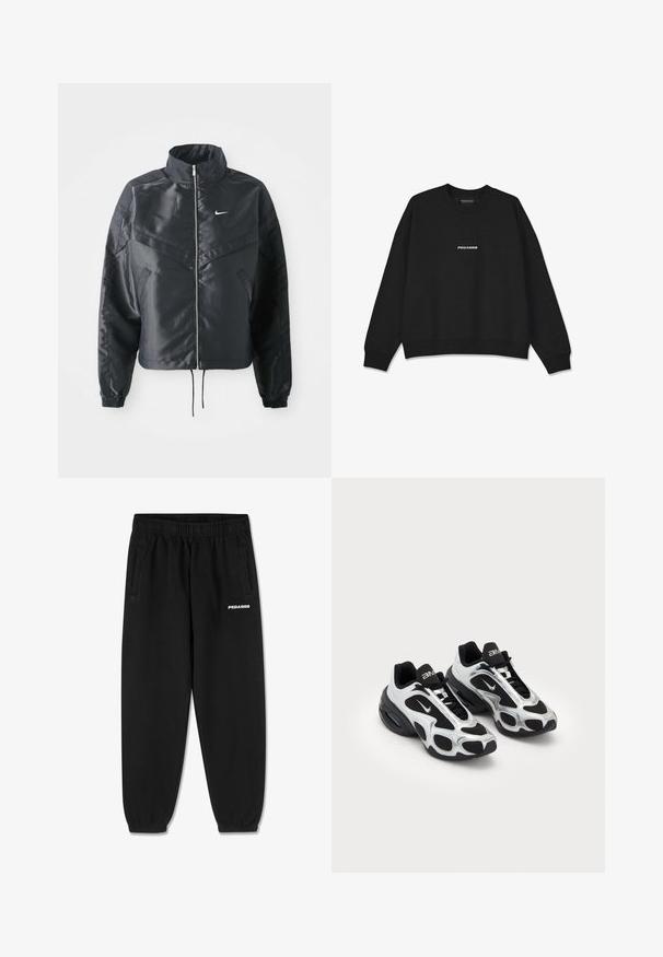Črna skrajšana jakna z visokim ovratnikom, zadrgo, elastan rokavi in belim logotipom Nike. Gladek, sijoč material z rahlo teksturirano površino.; Črna dukserica s krožnim izrezom in rebrastimi manšetami. Na sprednji strani se ponaša z belim logotipom "PEGADOR". Narejena je iz mehkega materiala s sproščenim krojem.; Črna dolgotrajna majica z dolgimi rokavi iz bombaža z okruglim izrezom. Ima bel Nike logo na prsih. Mehek material, preprost dizajn.; Črne športne hlače iz mehkega blaga, z elastičnim pasom na vezalko, ožjimi nogami in stranskimi žepi. Na sprednji strani bel logo "PEGADOR".; Črne in srebrne športne čevlje z mrežnim in sintetičnim zgornjim delom, ki vsebujejo značilno valovito obliko in oblazinjen ovratnik, z zračno blazino v podplatu.
