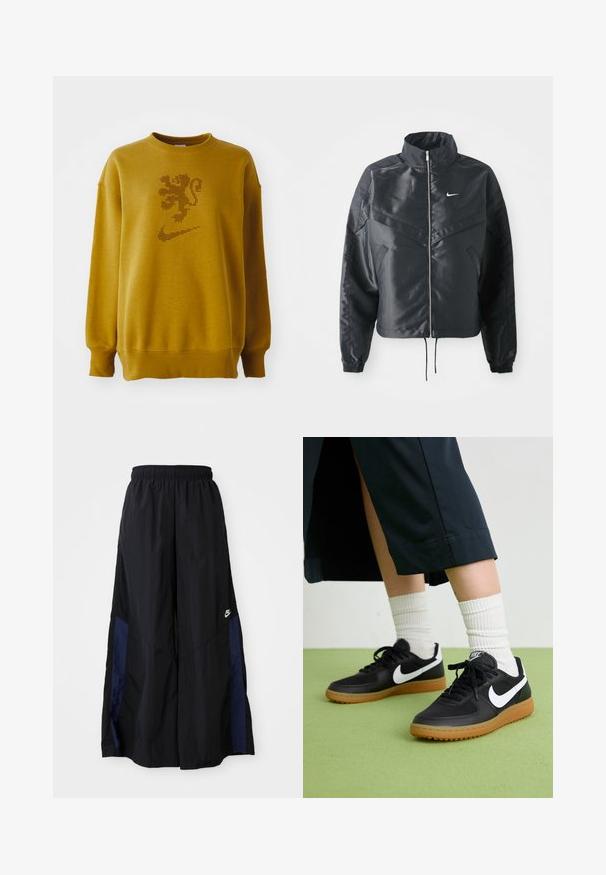 Veste noire courte avec col haut, fermeture éclair, poignets en élasthanne et logo Nike blanc. Tissu lisse et brillant avec une surface légèrement texturée.; Sweatshirt jaune moutarde à col rond, coupe oversized, avec un logo de lion à pois au-dessus du swoosh Nike. Tissu doux avec des poignets côtelés.; Pantalons larges noirs en tissu léger, avec un panneau latéral bleu marine et une taille élastique. Petit logo blanc en bas.; Baskets noires en cuir et synthétique avec le swoosh blanc de Nike, semelle en caoutchouc, bout rond et lacets noirs. Chaussettes blanches côtelées visibles.