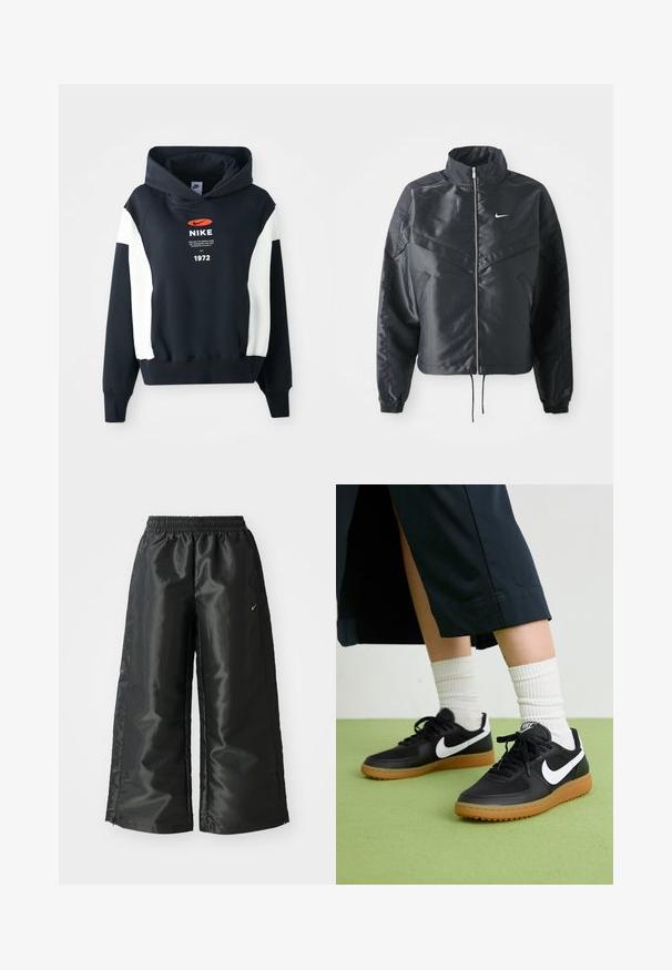 Casaco preto curto com colarinho alto, fecho de zip, punhos em elastano e um logótipo Nike branco. Tecido suave e brilhante com uma superfície ligeiramente texturizada.; Sweatshirt azul marinho com um detalhe branco nas mangas, apresentando um logo frontal, texto e o ano "1972" em branco. Tecido macio, design de bolso canguru.; Calças atléticas pretas com um tecido brilhante e suave, apresentando uma cintura elástica, pernas largas e um pequeno logotipo do lado esquerdo.; Sapatilhas pretas em couro e sintético com o logo da Nike em branco, sola de borracha tipo goma, bico redondo e atacadores pretos. Meias brancas com frunces visíveis.