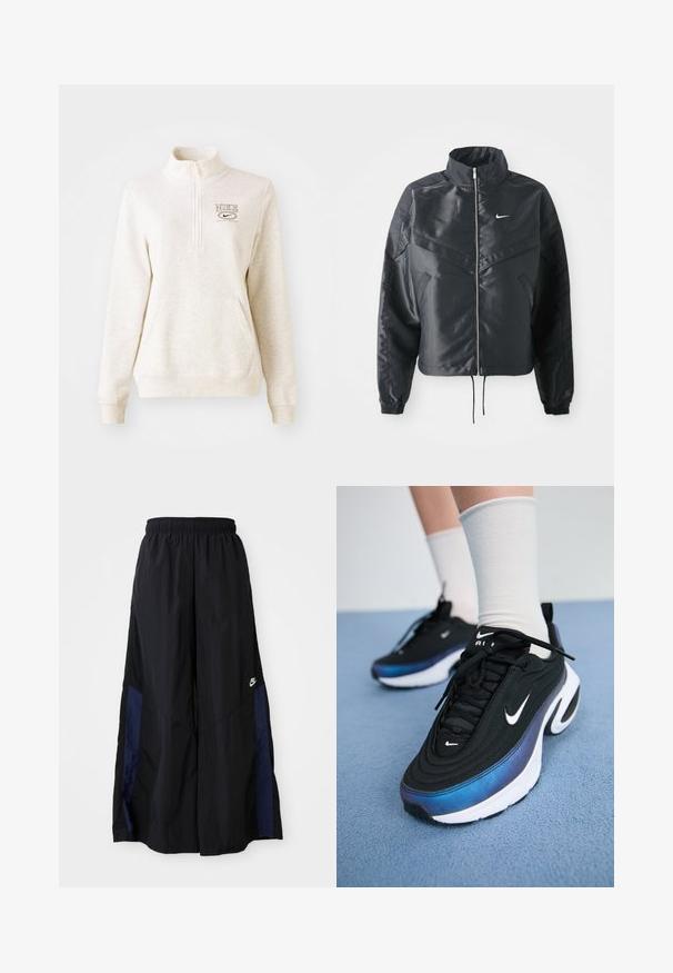 Svart cropped jakke med høy krage, glidelåsåpning, elastiske mansjetter og en hvit Nike-logo. Glatt, shiny stoff med en lett teksturert overflate.; Lys beige kvart-zip genser i myk stoff, med en frontlomme og "NIKE" logo i mørk brun på venstre bryst.; Svarte vide bukser laget av lett stoff, med et marineblått sidestykke og elastisk midjebånd. Liten hvit logo nederst.; Sorte Nike joggesko med en glatt stoffoverdel, med et gradientdesign fra blått til svart, hvit såle og fremtredende logoaksenter.
