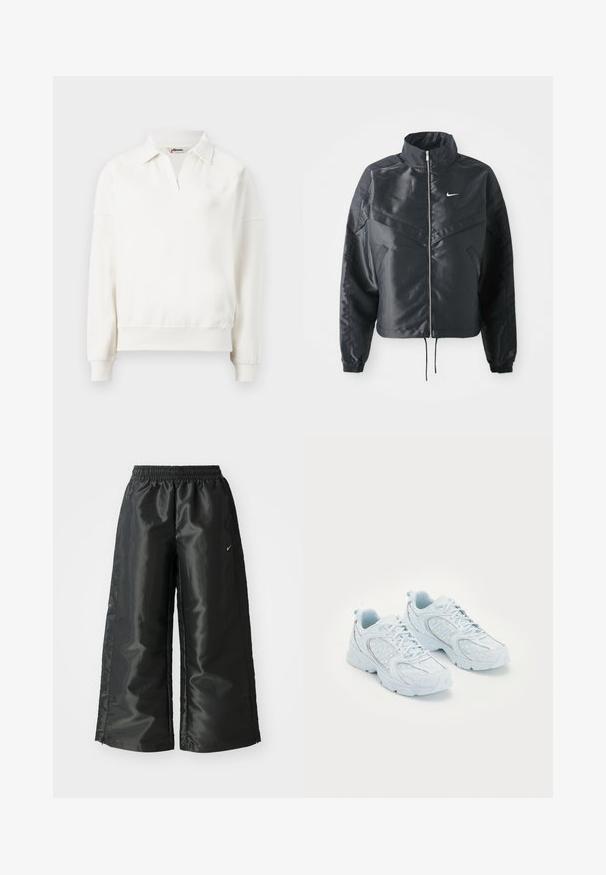 Czarna krótka kurtka z wysokim kołnierzem, zamek błyskawiczny, ściągacze z elastanu i białe logo Nike. Gładki, błyszczący materiał o lekko teksturowanej powierzchni.; Sweter crewneck w kolorze łososiowym wykonany z bawełny, z kołnierzykiem polo, długimi rękawami i prążkowanym wykończeniem. Dyskretne logo na klatce piersiowej.; Czarne spodnie sportowe z błyszczącego, gładkiego materiału, z elastycznym paskiem w talii, szerokimi nogawkami i małym logo po lewej stronie.; Jasnoniebieskie buty sportowe z siateczkową i syntetyczną cholewką, ozdobione białymi kropkami i odblaskowymi akcentami, z zapięciem na sznurowadła oraz amortyzującą podeszwą.