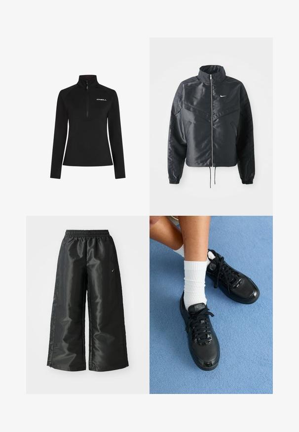 Must kolledžiga must lühike jope, millel on lukuga sulgus, elastne mansett ja valge Nike logo. Sile, läikiv kangas, millel on veidi tekstureeritud pind.; Must musta pullover, millel on veerandi tõmblukk ja kõrge krae. Omaduseks on pikad varrukad ja valge logo rinna peal. Sile tekstuur.; Mustad mustad sportsipüksid läikiva, siledaga kangaga, pa elastse vöökoha, laia sääre ja väikese logoga vasakul küljel.; Mustad mustad Nike tennised, millel on tekstuuriga pealisosa, läikivad aktsendid ja ümmargused paelad. Need on kombineeritud valgete soonikste socksidega helesinisel pinnal.