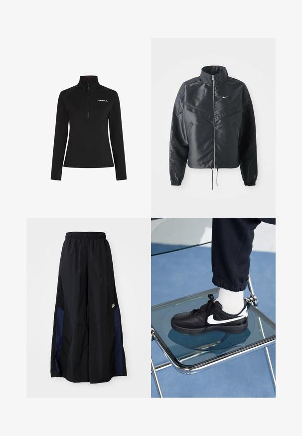 Zwarte cropped jack met hoge kraag, ritsluiting, elastische manchetten en een wit Nike-logo. Glad, glanzend materiaal met een licht gestructureerd oppervlak.; Zwart fleecetrekker met een kwart-rits en hoge kraag. Beschikt over lange mouwen en een wit logo op de borst. Soepele textuur.; Zwarte wijdlopende broek van lichtgewicht stof, met een marineblauwe zijpaneel en een elastische tailleband. Klein wit logo onderaan.; Zwarte Nike sneakers met witte accenten, met een gladde leren textuur, vetersluiting en ronde neus, geplaatst op een glazen stoel.
