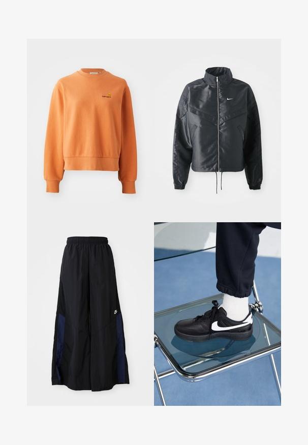 Veste noire courte avec col haut, fermeture éclair, poignets en élasthanne et logo Nike blanc. Tissu lisse et brillant avec une surface légèrement texturée.; Sweatshirt orange en coton doux, avec un col rond côtelé, des manches longues et un petit logo brodé sur la poitrine.; Pantalons larges noirs en tissu léger, avec un panneau latéral bleu marine et une taille élastique. Petit logo blanc en bas.; Baskets Nike noires avec des accents blancs, présentant une texture en cuir lisse, un design à lacets et un bout rond, placées sur une chaise en verre.