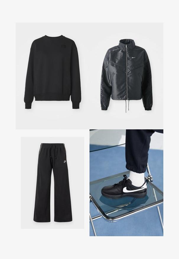 Schwarze, verkürzte Jacke mit hohem Kragen, Reißverschluss, Elastan-Ärmeln und einem weißen Nike-Logo. Glattes, glänzendes Material mit leicht strukturiertem Oberflächeneffekt.; Schwarzer Sweatshirt mit Rundhalsausschnitt, gerippten Bündchen und Saum. Aus weichem Material gefertigt, mit einem kleinen, strukturierten Logo auf der linken Brust.; Schwarze Jogginghosen aus weichem Material, mit einem elastischen Bund und einem Kordelzug, seitlichen Streifen und einem kleinen Logo auf der linken Vorderseite.; Schwarze Nike-Sneaker mit weißen Akzenten, die über eine glatte Ledertextur, ein Schnürdesign und eine abgerundete Zehenform verfügen, platziert auf einem Glasstuhl.