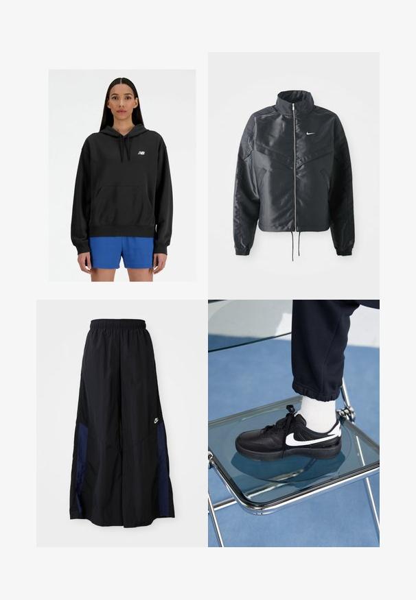 Chaqueta negra corta con cuello alto, cierre de cremallera, puños de elastano y un logo de Nike en blanco. Tejido suave y brillante con una superficie ligeramente texturizada.; Sudadera con capucha negra, con un bolsillo frontal, puños acanalados y un logo blanco de New Balance. Lleva puesta sobre pantalones cortos azules. Textura suave.; Pantalones de pierna ancha negros, confeccionados en una tela ligera, con un panel lateral azul marino y una cinturilla elástica. Logotipo blanco pequeño en la parte inferior.; Zapatillas Nike negras con acentos blancos, con una textura de cuero suave, diseño de cordones y punta redondeada, colocadas sobre una silla de cristal.