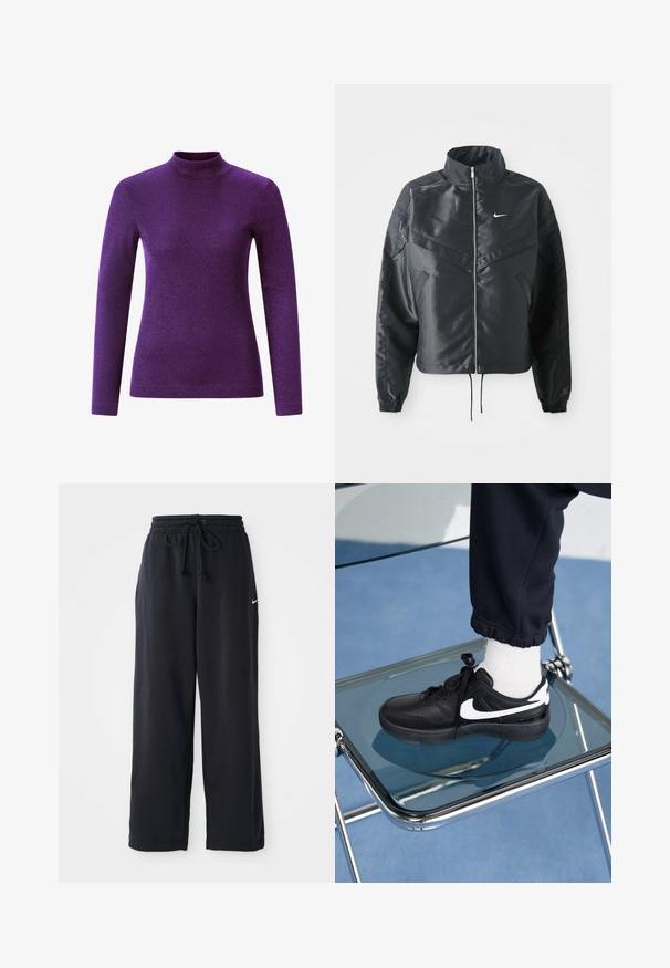 Zwarte cropped jack met hoge kraag, ritsluiting, elastische manchetten en een wit Nike-logo. Glad, glanzend materiaal met een licht gestructureerd oppervlak.; Paarse lange mouw coltrui gemaakt van een textuurstof met glans, met een getailleerd ontwerp en een hoge halslijn.; Zwarte trainingsbroek met een elastische tailleband en trekkoord, voorzien van een klein wit Nike-logo aan de linkerkant.; Zwarte Nike sneakers met witte accenten, met een gladde leren textuur, vetersluiting en ronde neus, geplaatst op een glazen stoel.