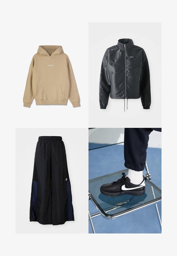 Giacca nera cropped con colletto alto, chiusura a zip, polsini in elastan e logo Nike bianco. Tessuto liscio e lucido con una superficie leggermente texturizzata.; Felpa beige con cappuccio realizzata in materiale simile al cotone. Presenta una tasca a marsupio frontale e un logo bianco "PEGADOR" sul petto.; Pantaloni neri a gamba larga realizzati in tessuto leggero, con un pannello laterale blu navy e una cintura elastica. Piccolo logo bianco sul fondo.; Sneakers Nike neri con accenti bianchi, caratterizzati da una superficie in pelle liscia, design con lacci e punta rotonda, posizionati su una sedia di vetro.