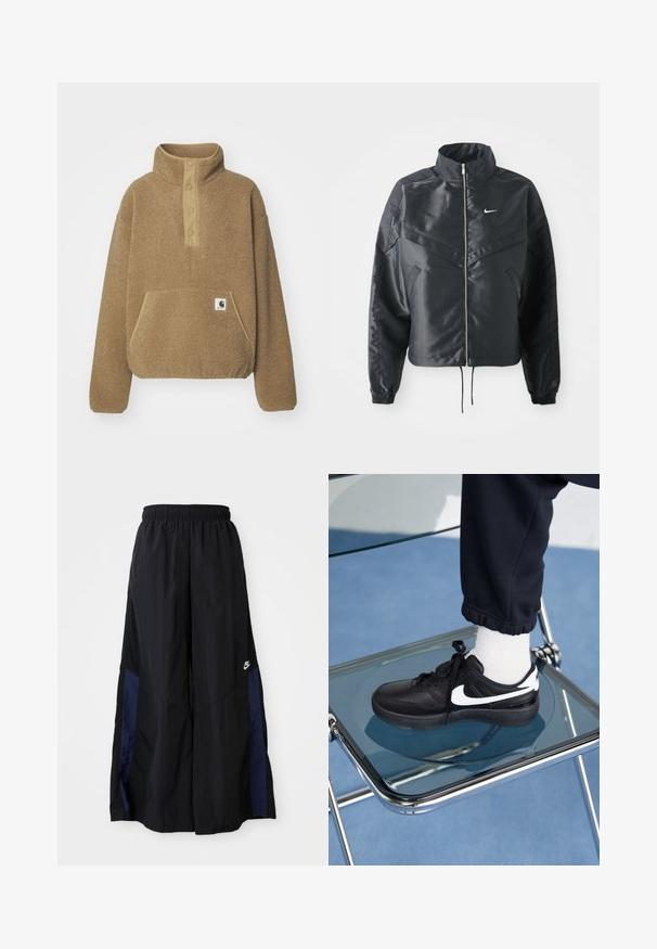 Giacca nera cropped con colletto alto, chiusura a zip, polsini in elastan e logo Nike bianco. Tessuto liscio e lucido con una superficie leggermente texturizzata.; Carhartt WIP ELLIOT HIGH NECK - Felpa in pile - peanut; Pantaloni neri a gamba larga realizzati in tessuto leggero, con un pannello laterale blu navy e una cintura elastica. Piccolo logo bianco sul fondo.; Sneakers Nike neri con accenti bianchi, caratterizzati da una superficie in pelle liscia, design con lacci e punta rotonda, posizionati su una sedia di vetro.