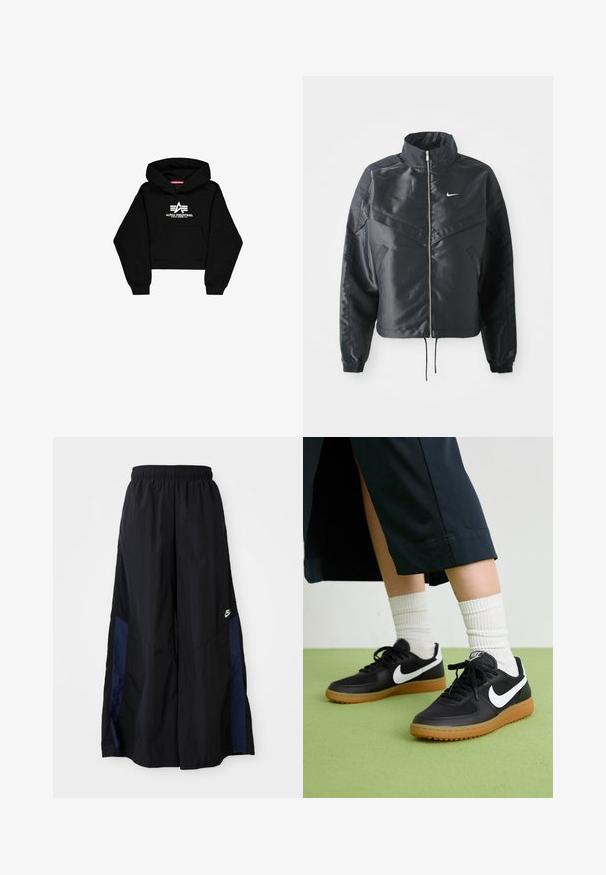 Chaqueta negra corta con cuello alto, cierre de cremallera, puños de elastano y un logo de Nike en blanco. Tejido suave y brillante con una superficie ligeramente texturizada.; Sudadera corta negra hecha de tejido suave. Cuenta con un bolsillo frontal, puños acanalados y una impresión de logo blanca con rayas en el pecho.; Pantalones de pierna ancha negros, confeccionados en una tela ligera, con un panel lateral azul marino y una cinturilla elástica. Logotipo blanco pequeño en la parte inferior.; Zapatillas de cuero negro y sintético con el swoosh blanco de Nike, suela de goma, punta redonda y cordones negros. Calcetines blancos acanalados visibles.
