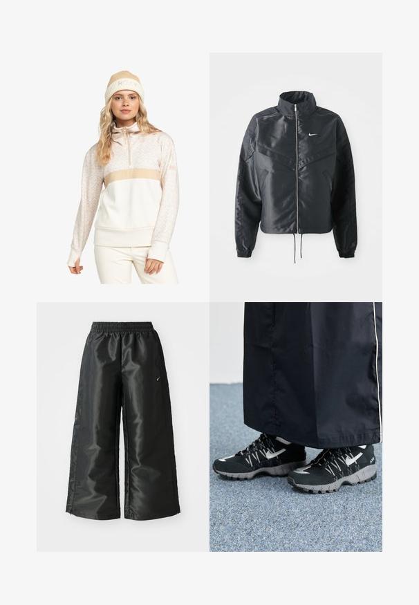 Schwarze, verkürzte Jacke mit hohem Kragen, Reißverschluss, Elastan-Ärmeln und einem weißen Nike-Logo. Glattes, glänzendes Material mit leicht strukturiertem Oberflächeneffekt.; Roxy Sweatshirt - pebble roxygram; Schwarze Sporthose aus glänzendem, glattem Stoff, mit einem elastischen Bund, weitem Bein und einem kleinen Logo auf der linken Seite.; Schwarze Sportschuhe mit einer strukturierten Oberseite, silbernen Akzenten und einer gemusterten Außensohle, kombiniert mit einem schwarzen langen Kleidungsstück. Auf einem blauen Teppich drapiert.