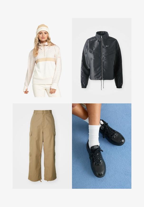 Chaqueta negra corta con cuello alto, cierre de cremallera, puños de elastano y un logo de Nike en blanco. Tejido suave y brillante con una superficie ligeramente texturizada.; Roxy Sudadera - pebble roxygram; Pantalones cargo beige con cintura alta, piernas amplias y cuatro grandes bolsillos laterales. Fabricados con un tejido duradero y una textura suave, con un detalle mínimo.; Las zapatillas negras de Nike presentan un exterior texturizado, acentos brillantes y cordones redondos. Están acompañadas de calcetines blancos de canalé sobre una superficie azul claro.