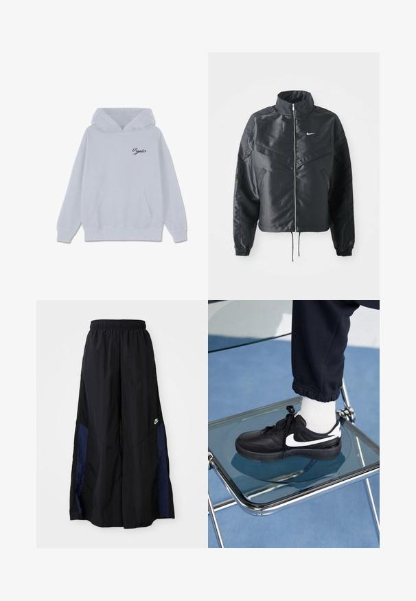Schwarze, verkürzte Jacke mit hohem Kragen, Reißverschluss, Elastan-Ärmeln und einem weißen Nike-Logo. Glattes, glänzendes Material mit leicht strukturiertem Oberflächeneffekt.; Hellgrauer Hoodie aus Baumwollmischung, mit einer vorderen Kängurutasche, Kapuze mit Kordelzug und einem kleinen schwarzen, geschwungenen Logo auf der Brust.; Schwarze weit geschnittene Hose aus leichtem Stoff, mit einem dunkelblauen Seitenpanel und einem elastischen Bund. Kleines weißes Logo am unteren Ende.; Schwarze Nike-Sneaker mit weißen Akzenten, die über eine glatte Ledertextur, ein Schnürdesign und eine abgerundete Zehenform verfügen, platziert auf einem Glasstuhl.