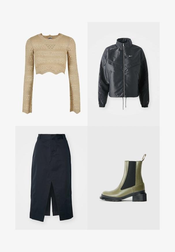 Czarna krótka kurtka z wysokim kołnierzem, zamek błyskawiczny, ściągacze z elastanu i białe logo Nike. Gładki, błyszczący materiał o lekko teksturowanej powierzchni.; Beżowy dziany crop top z długimi rękawami, z falbaniastym dołem, teksturowanymi wzorami i otwartymi detalami w całej konstrukcji.; Ciemnoniebieska midi spódnica wykonana z mieszanki bawełny, z rozcięciem z przodu, ukrytym zamkiem błyskawicznym i kieszeniami po bokach dla większej funkcjonalności.; Zielona skórzana botka na kostkę z elastycznymi panelami bocznymi i uchwytem, z grubym czarnym obcasem i teksturowaną gumową podeszwą.