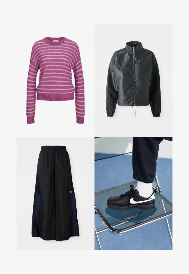 Schwarze, verkürzte Jacke mit hohem Kragen, Reißverschluss, Elastan-Ärmeln und einem weißen Nike-Logo. Glattes, glänzendes Material mit leicht strukturiertem Oberflächeneffekt.; Gestreifter Pullover in Pink und Weiß aus Strick mit rundem Halsausschnitt, überschnittenen Schultern sowie gerippten Bündchen und Saum. Weiche Textur, verkürzte Passform.; Schwarze weit geschnittene Hose aus leichtem Stoff, mit einem dunkelblauen Seitenpanel und einem elastischen Bund. Kleines weißes Logo am unteren Ende.; Schwarze Nike-Sneaker mit weißen Akzenten, die über eine glatte Ledertextur, ein Schnürdesign und eine abgerundete Zehenform verfügen, platziert auf einem Glasstuhl.