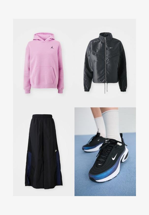 Fekete, rövidített dzseki magas gallérral, cipzáras záródással, elasztikus mandzsettákkal, és fehér Nike logóval. Simább, fényes anyag, enyhén textúrázott felülettel.; Világos rózsaszín kapucnis felső, puha anyagból készült, kangourupocket-tel, bordázott mandzsettákkal és fekete Jorden logóval a mellkason.; Fekete, bő szárú nadrág könnyű anyagból, tengerészkék oldalsó panellel és elasztikus derékkal. Kicsi fehér logó az alján.; Fekete Nike sportcipők sima szövet felsőrésszel, kék-fekete gradiens dizájnnal, fehér talppal és feltűnő logókkal.