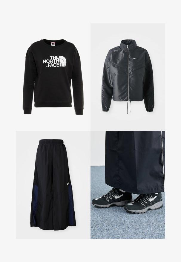 Casaco preto curto com colarinho alto, fecho de zip, punhos em elastano e um logótipo Nike branco. Tecido suave e brilhante com uma superfície ligeiramente texturizada.; Sweatshirt preto feito de uma mistura de algodão, com decote redondo e mangas longas, apresentando um logótipo branco proeminente na frente.; Calças largas pretas feitas de tecido leve, com um painel lateral azul-marinho e cintura elástica. Pequeno logótipo branco na parte inferior.; Tênis atléticos pretos com um cabedal texturizado, detalhes prateados e um solado estampado, combinados com uma peça longa preta. Ambientado sobre um tapete azul.