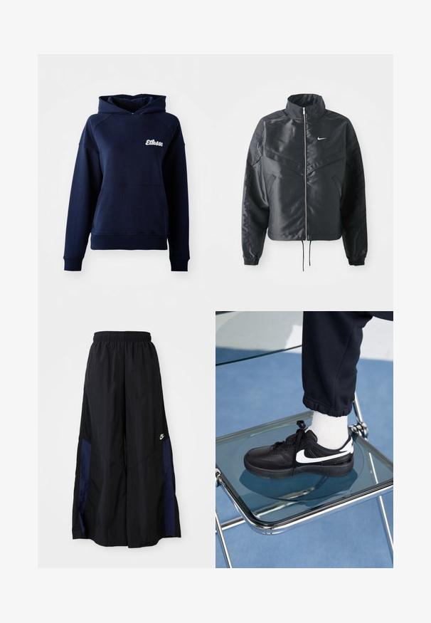 Černá zkrácená bunda s vysokým límcem, zipovým zapínáním, elastickými manžetami a bílým logem Nike. Hladká, lesklá látka s mírně strukturovaným povrchem.; Námořnická modrá mikina s kapucí vyrobená z měkkého materiálu. Má přední kapsu a bílé logo na hrudi. Hladké manžety a lem.; Černé kalhoty širokého střihu vyrobené z lehkého materiálu, s námořnickou modrou bočním panelem a elastickým pasem. Malé bílé logo na spodní části.; Černé tenisky Nike s bílými akcenty, s hladkou koženou texturou, šněrovacím designem a zaoblenou špičkou, umístěné na skleněné židli.