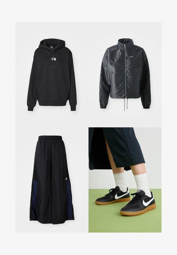 Black cropped jacket with high collar, zip closure, elastane cuffs, and a white Nike logo. Smooth, shiny fabric with a slightly textured surface.; Black hooded sweatshirt with a kangaroo pocket, featuring white logo on the chest, made from soft fabric, designed for casual wear.; Black wide-leg pants made of lightweight fabric, featuring a navy blue side panel and an elastic waistband. Small white logo on bottom.; Black leather and synthetic sneakers with white Nike swoosh, rubber gum sole, round toe, and black laces. Ribbed white socks visible.