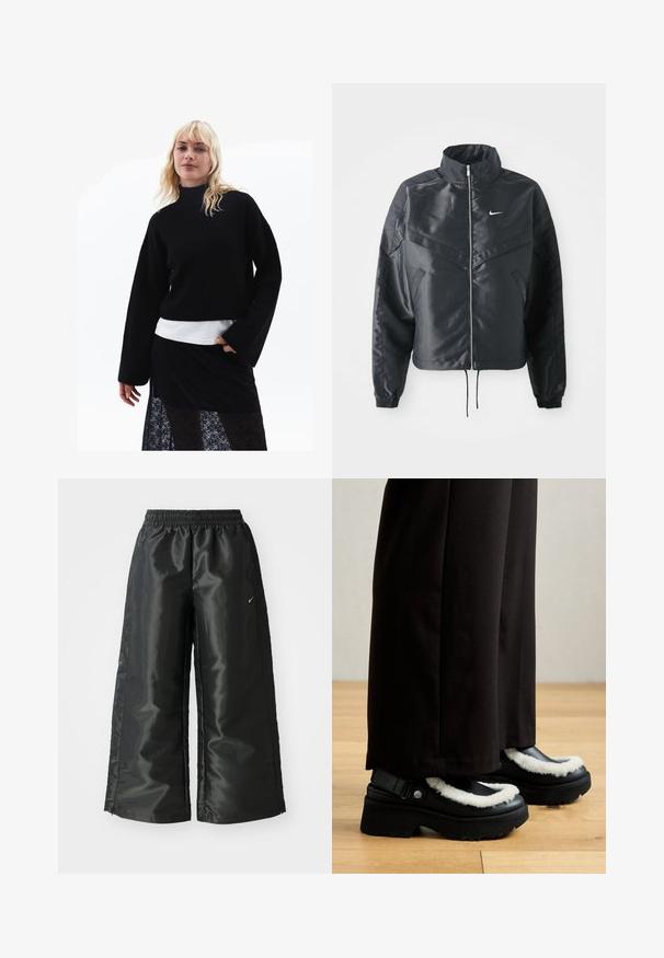 Giacca nera cropped con colletto alto, chiusura a zip, polsini in elastan e logo Nike bianco. Tessuto liscio e lucido con una superficie leggermente texturizzata.; Maglione nero lavorato a maglia con collo alto e maniche larghe, indossato sopra a una maglietta bianca, abbinato a una gonna di pizzo nera trasparente.; Pantaloni sportivi neri con un tessuto lucido e morbido, dotati di una vita elasticizzata, gambe larghe e un piccolo logo sul lato sinistro.; Le scarpe platform nere presentano un bordo peloso bianco, una punta arrotondata e una fascia con un bottone metallico. Indossate con pantaloni neri su un pavimento di legno.
