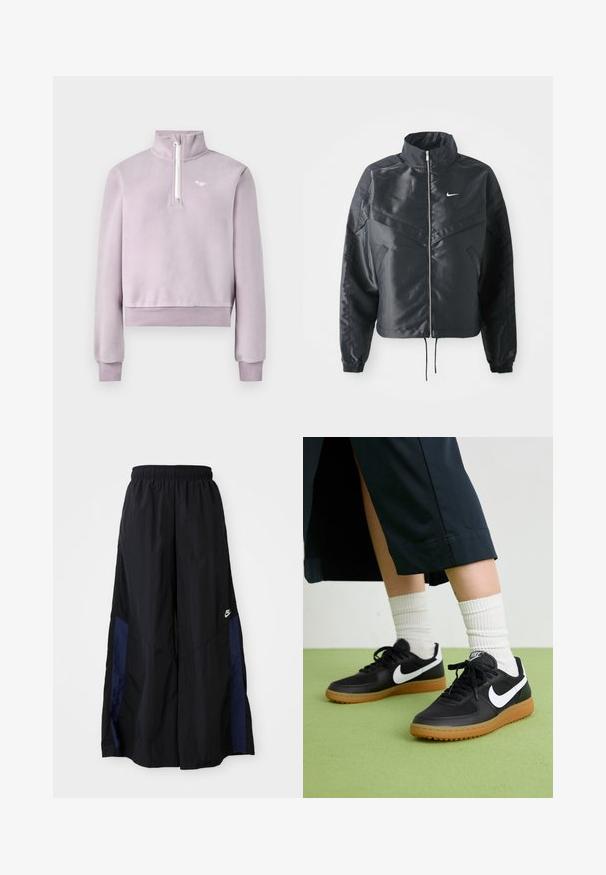 Giacca nera cropped con colletto alto, chiusura a zip, polsini in elastan e logo Nike bianco. Tessuto liscio e lucido con una superficie leggermente texturizzata.; Pullover in pile di lavanda con zip a metà sul davanti, colletto alto, polsini e orlo a coste, e piccolo logo bianco sul petto, disposto su sfondo bianco.; Pantaloni neri a gamba larga realizzati in tessuto leggero, con un pannello laterale blu navy e una cintura elastica. Piccolo logo bianco sul fondo.; Sneaker in pelle nera e sintetica con logo Nike bianco, suola in gomma, punta rotonda e lacci neri. Calze bianche a righe visibili.