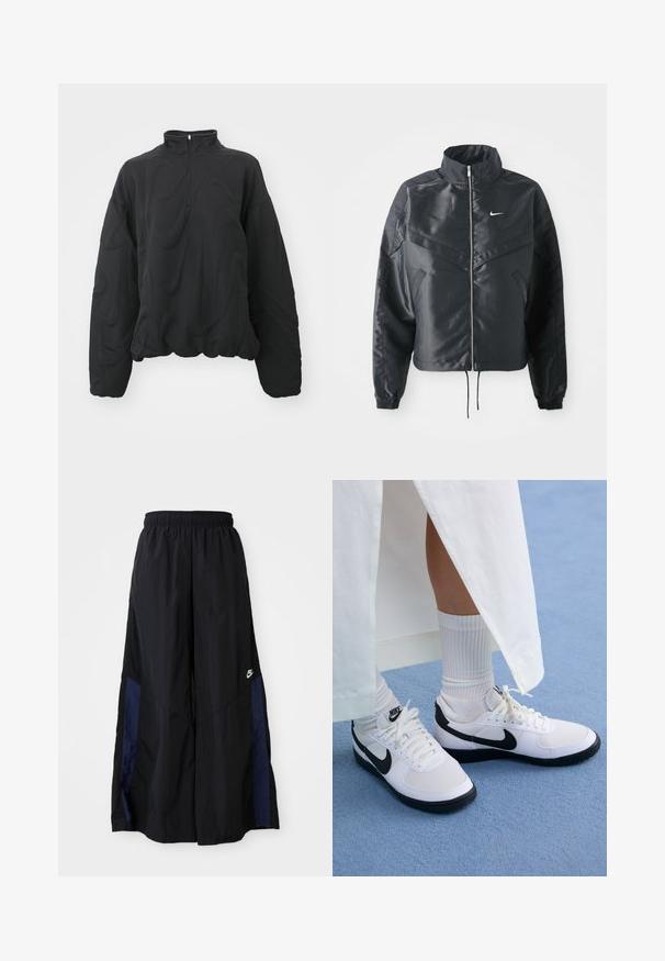 Melna apgriezta jaka ar augstu apkakli, rāvējslēdzēja aizdari, elastīna aprocēm un baltu Nike logo. Gluda, spīdīga auduma ar nedaudz teksturētu virsmu.; Nike Sportswear COZY LOGO - Ikdienas džemperis - black; Melni plata kāju bikses no viegla auduma, ar tumši zilu sānu paneli un elastīgu jostu. Mazs balts logotips apakšā.; Baltas Nike apavi ar melniem akcentiem, kas izgatavoti no gludas ādas, baltām auklām un izturīgiem gumijas zoleiem, savienoti ar baltām ribotām zeķēm.