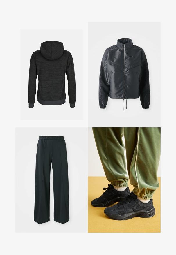 Zwarte cropped jack met hoge kraag, ritsluiting, elastische manchetten en een wit Nike-logo. Glad, glanzend materiaal met een licht gestructureerd oppervlak.; Donkergrijze hoodie van een gestructureerde stof, met een trekkoordkap, ribbels aan de mouwen en onderkant, en voorzien van een klein logoplaatje aan de zijkant.; Zwarte, wijde sportbroek met een elastische tailleband. Gemaakt van gladde, rekbare stof, met subtiele voornaden en zonder zakken.; Zwarte sport sneakers met gaas en synthetische overlays, een gestructureerde zool, gecombineerd met groene jogginbroeken met elastische boorden, op een gele ondergrond.
