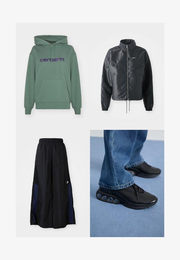 Giacca nera cropped con colletto alto, chiusura a zip, polsini in elastan e logo Nike bianco. Tessuto liscio e lucido con una superficie leggermente texturizzata.; Felpa con cappuccio verde realizzata in tela morbida, con una tasca frontale e il grande logo ricamato in viola "carhartt." sul petto.; Pantaloni neri a gamba larga realizzati in tessuto leggero, con un pannello laterale blu navy e una cintura elastica. Piccolo logo bianco sul fondo.; Scarpe da ginnastica nere con tomaia in rete, dettagli testurizzati e pod di ammortizzazione visibili nella suola. Indossate con jeans in denim blu.