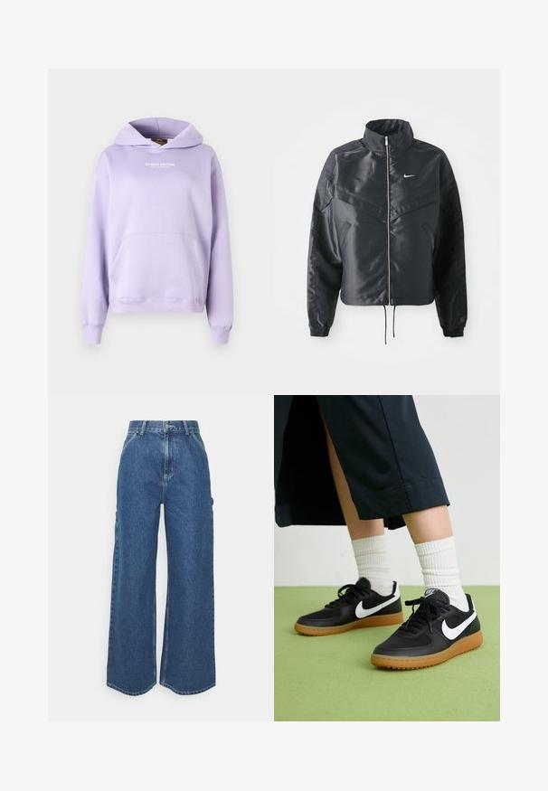 Giacca nera cropped con colletto alto, chiusura a zip, polsini in elastan e logo Nike bianco. Tessuto liscio e lucido con una superficie leggermente texturizzata.; Hoodie di un leggero colore viola con tasca frontale, cappuccio con cordino e testo "STUDIO EDITION". Realizzato in tessuto morbido con polsini e orlo a costine.; Pantaloni in denim blu a gamba larga con vita alta, cuciture a contrasto e tasche laterali, caratterizzati da un classico design a cinque tasche e orli grezzi.; Sneaker in pelle nera e sintetica con logo Nike bianco, suola in gomma, punta rotonda e lacci neri. Calze bianche a righe visibili.