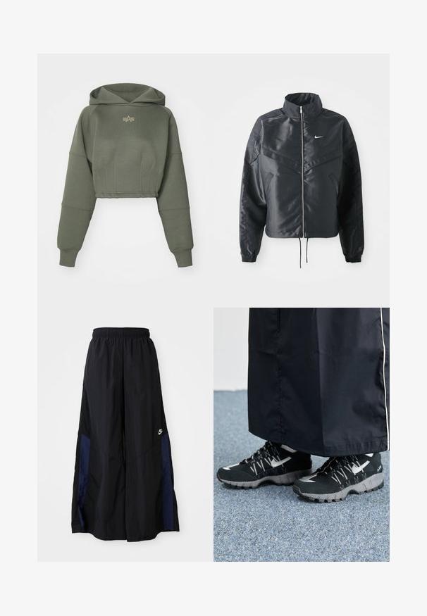 Giacca nera cropped con colletto alto, chiusura a zip, polsini in elastan e logo Nike bianco. Tessuto liscio e lucido con una superficie leggermente texturizzata.; Alpha Industries WAISTED HOODY - Felpa - dark olive; Pantaloni neri a gamba larga realizzati in tessuto leggero, con un pannello laterale blu navy e una cintura elastica. Piccolo logo bianco sul fondo.; Scarpe sportive nere con tomaia testurizzata, dettagli argentati e suola con motivo, abbinate a un lungo indumento nero. Ambientate su un tappeto blu.